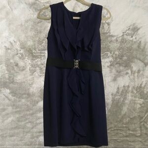 Soho Apparel Petite Belted Ruffled Sheath Dress Navy Blue Size 8P Work Office
